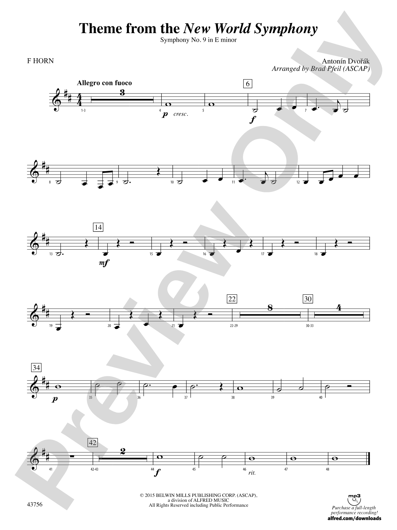 New World Symphony, Theme from the: 1st F Horn