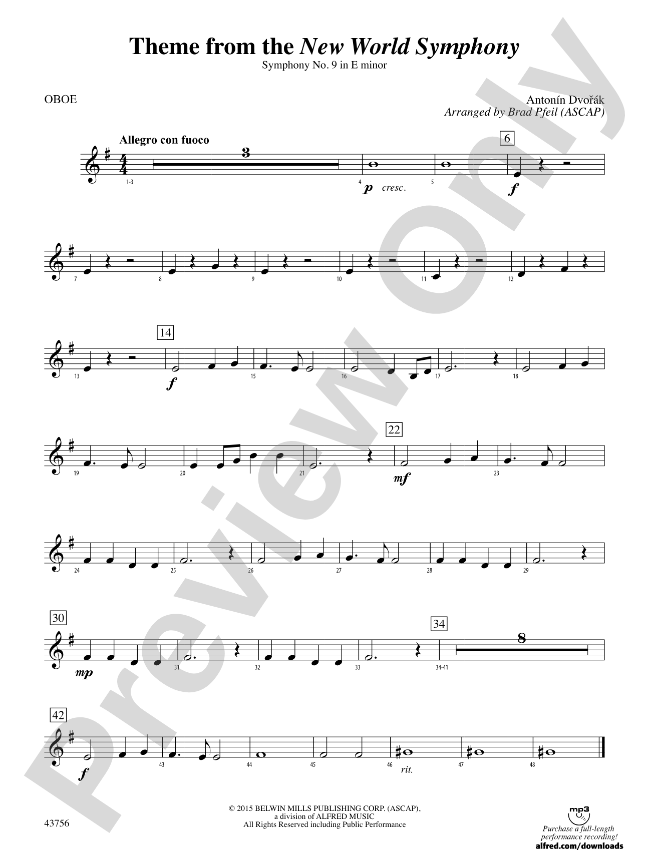 New World Symphony, Theme from the: Oboe