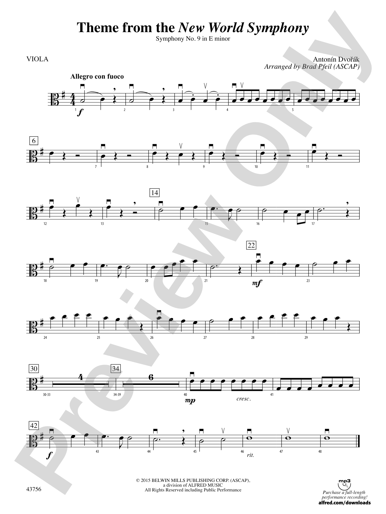New World Symphony, Theme from the: Viola