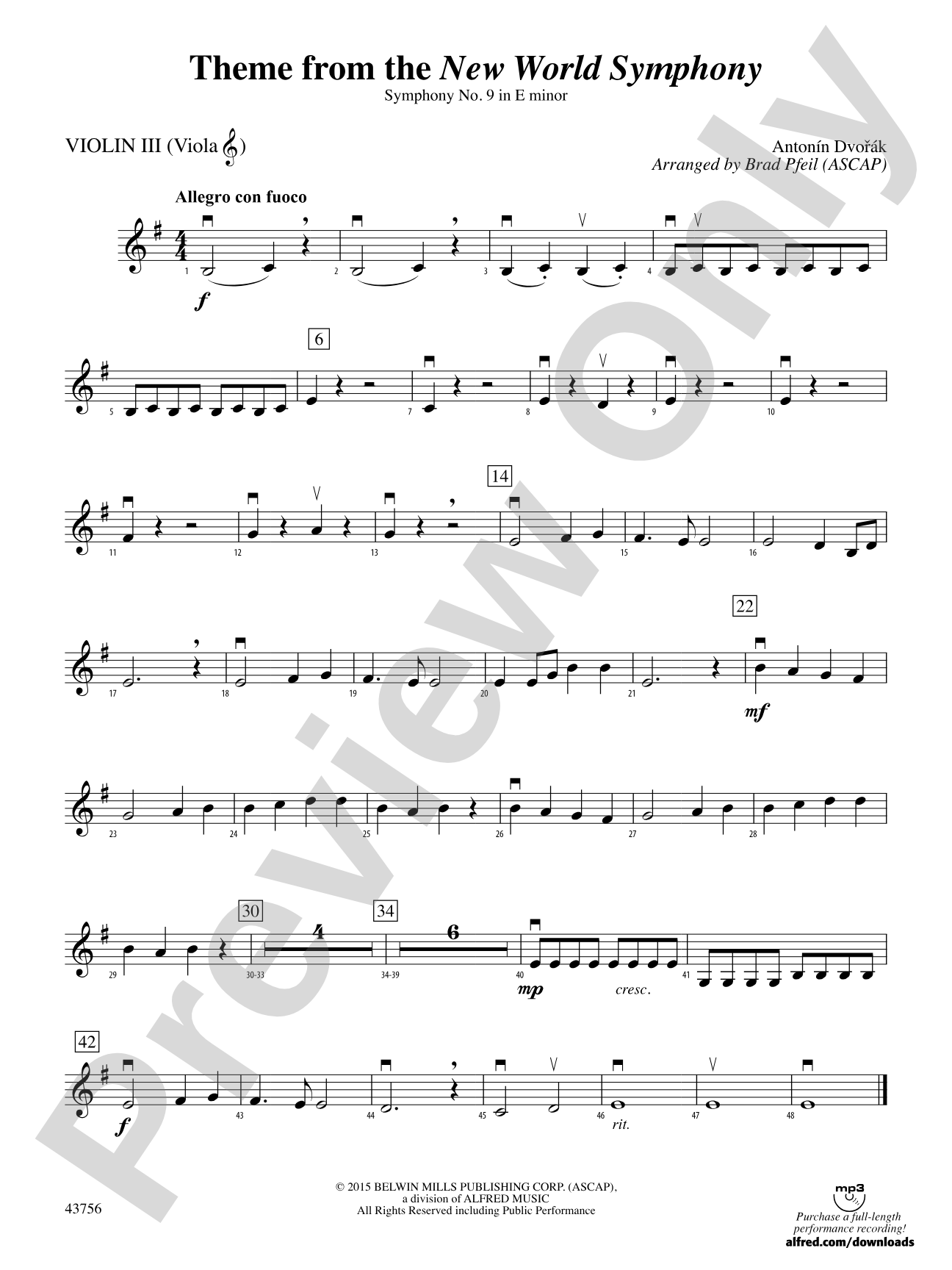 New World Symphony, Theme from the: 3rd Violin (Viola [TC])