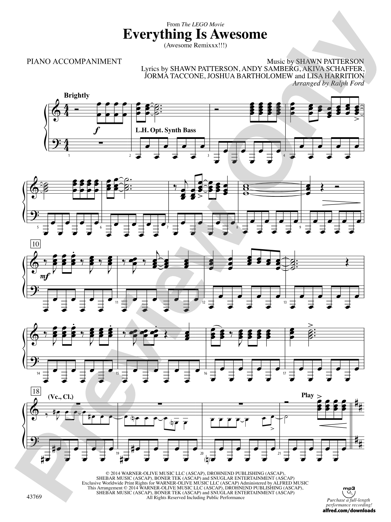 Everything Is Awesome (from The LEGO Movie): Piano Accompaniment