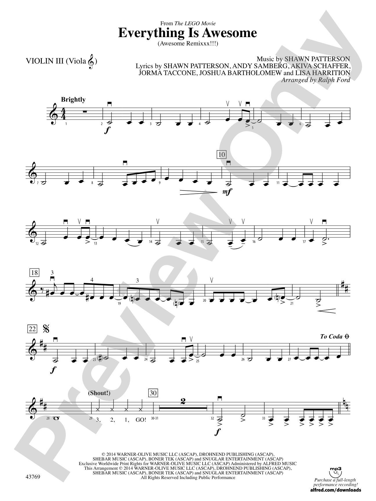 Everything Is Awesome (from The LEGO Movie): 3rd Violin (Viola [TC])