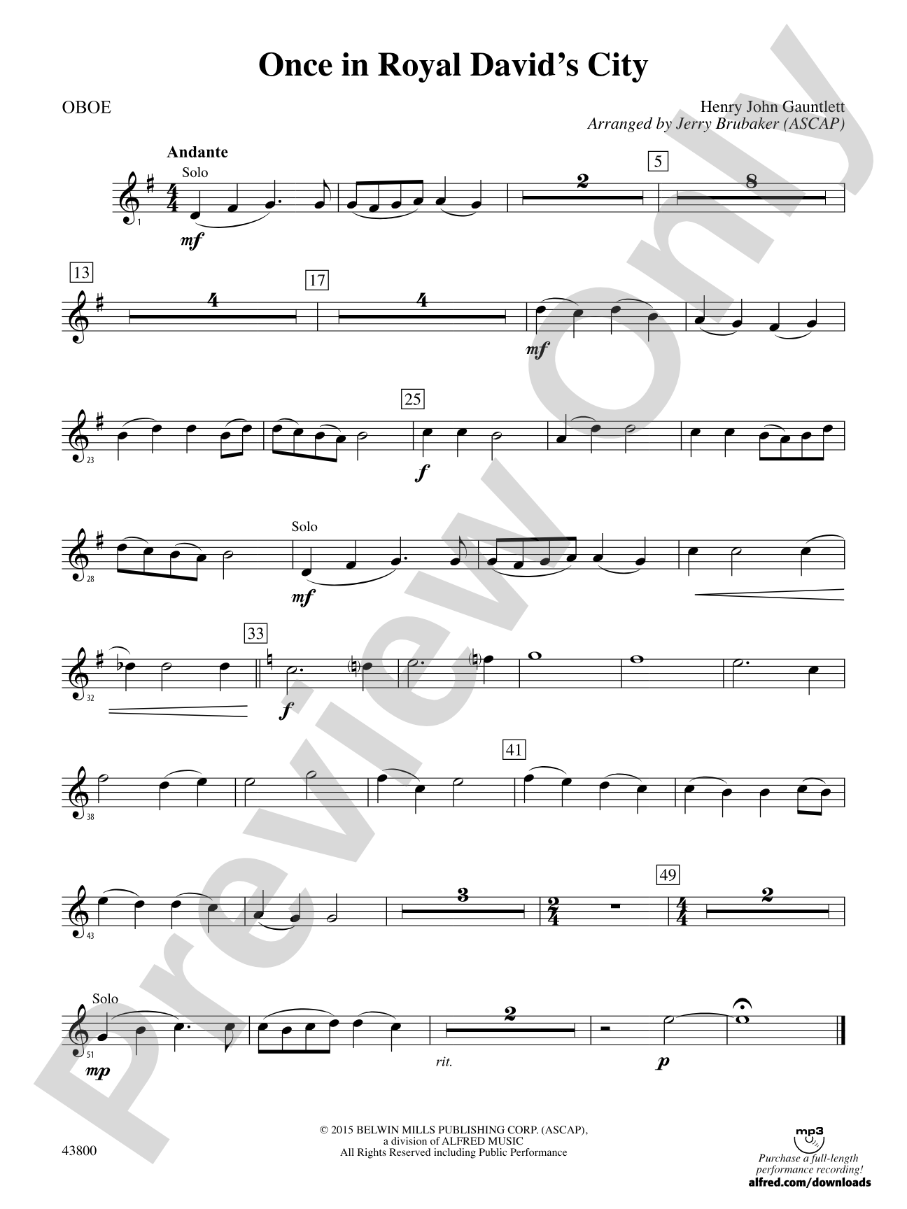 Once in Royal David's City: Oboe