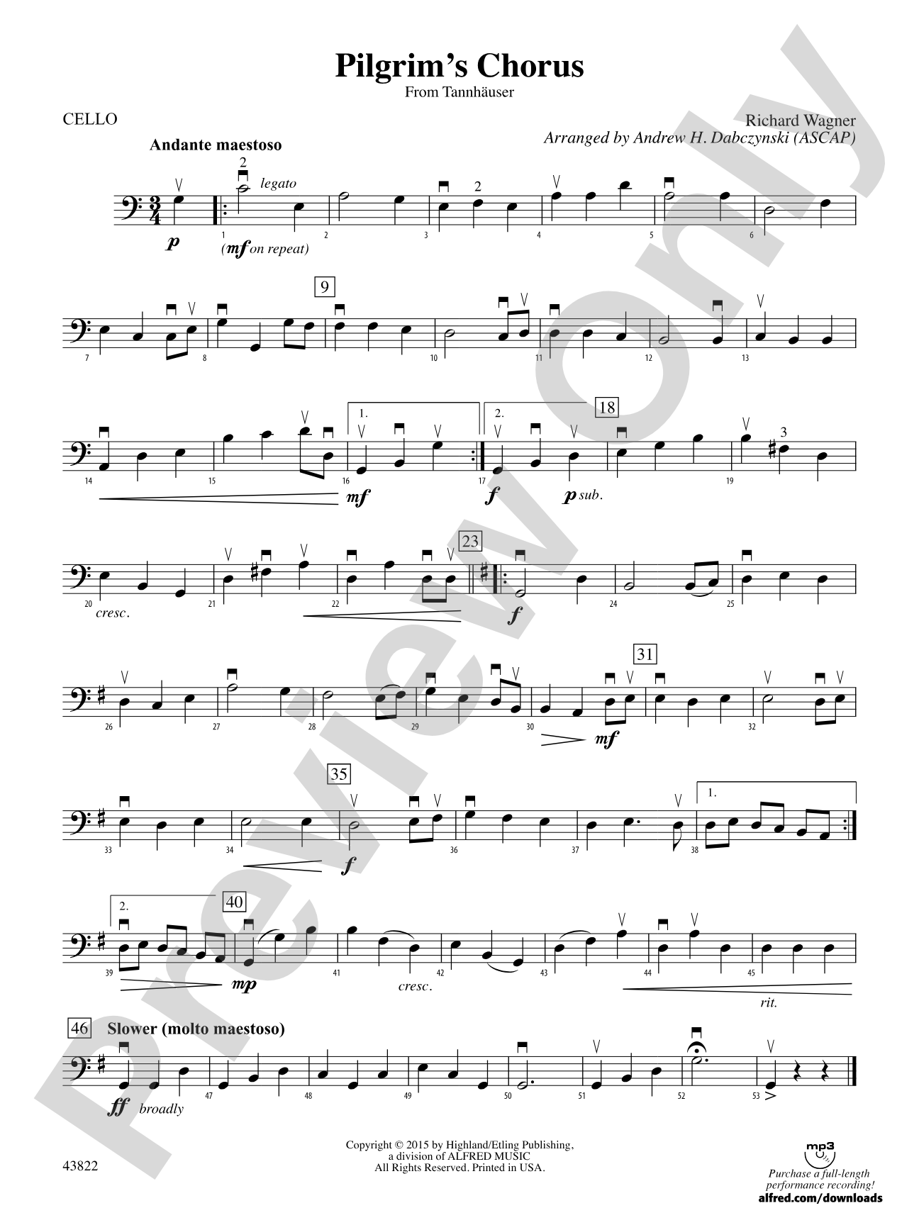 Pilgrim's Chorus (from Tannhäuser): Cello