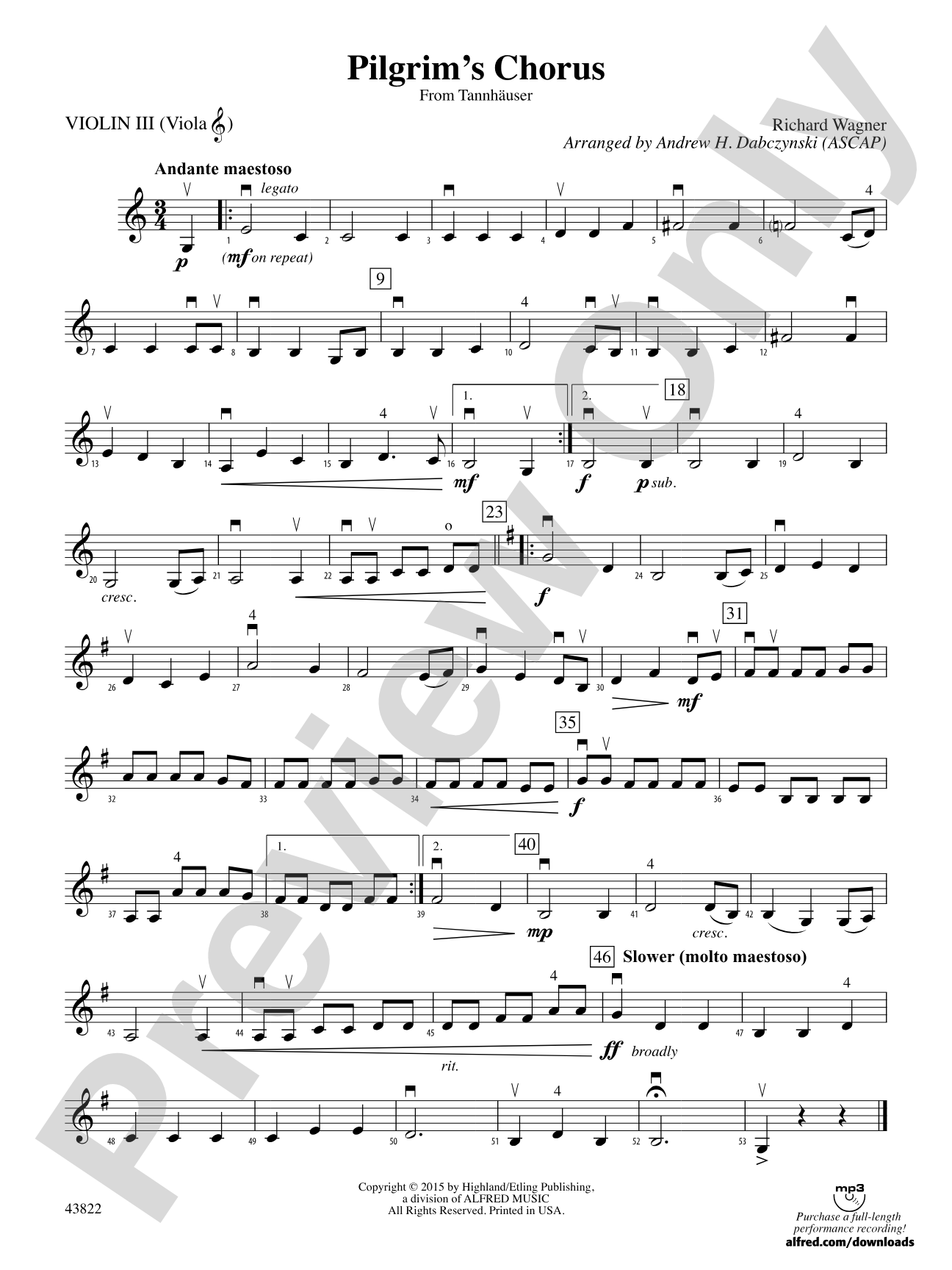 Pilgrim's Chorus (from Tannhäuser): 3rd Violin (Viola [TC])