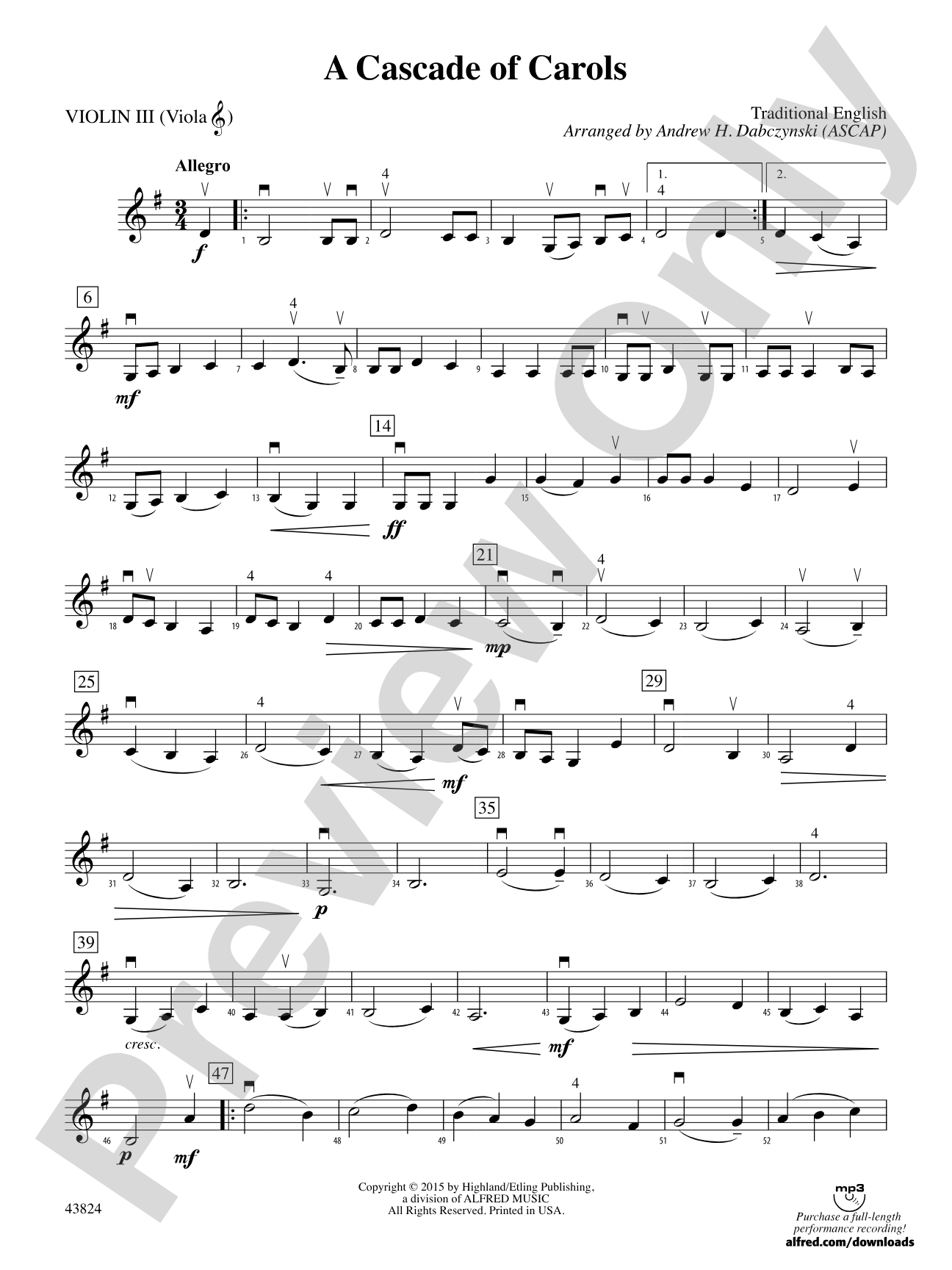 A Cascade of Carols: 3rd Violin (Viola [TC])