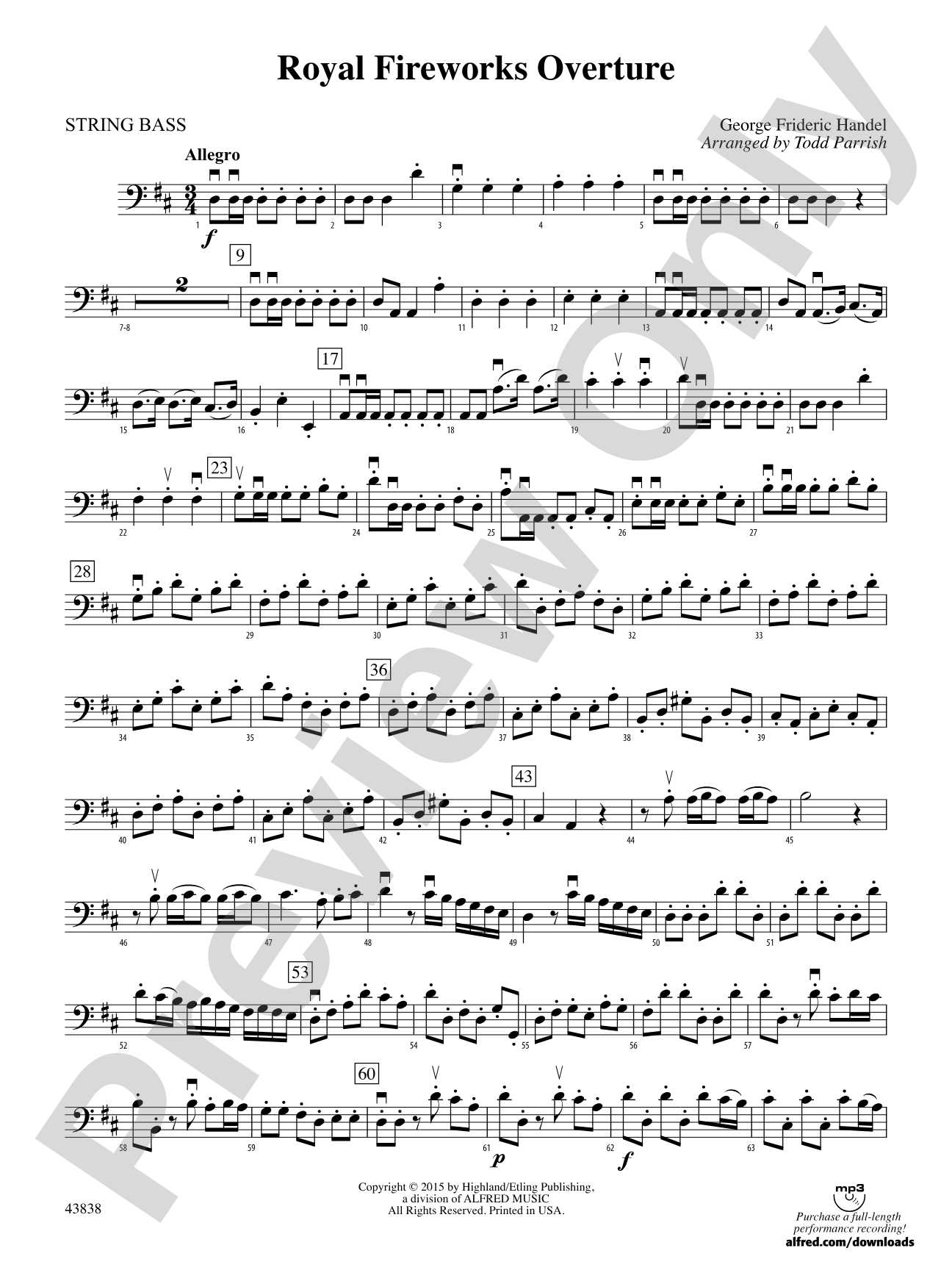 Royal Fireworks Overture: String Bass