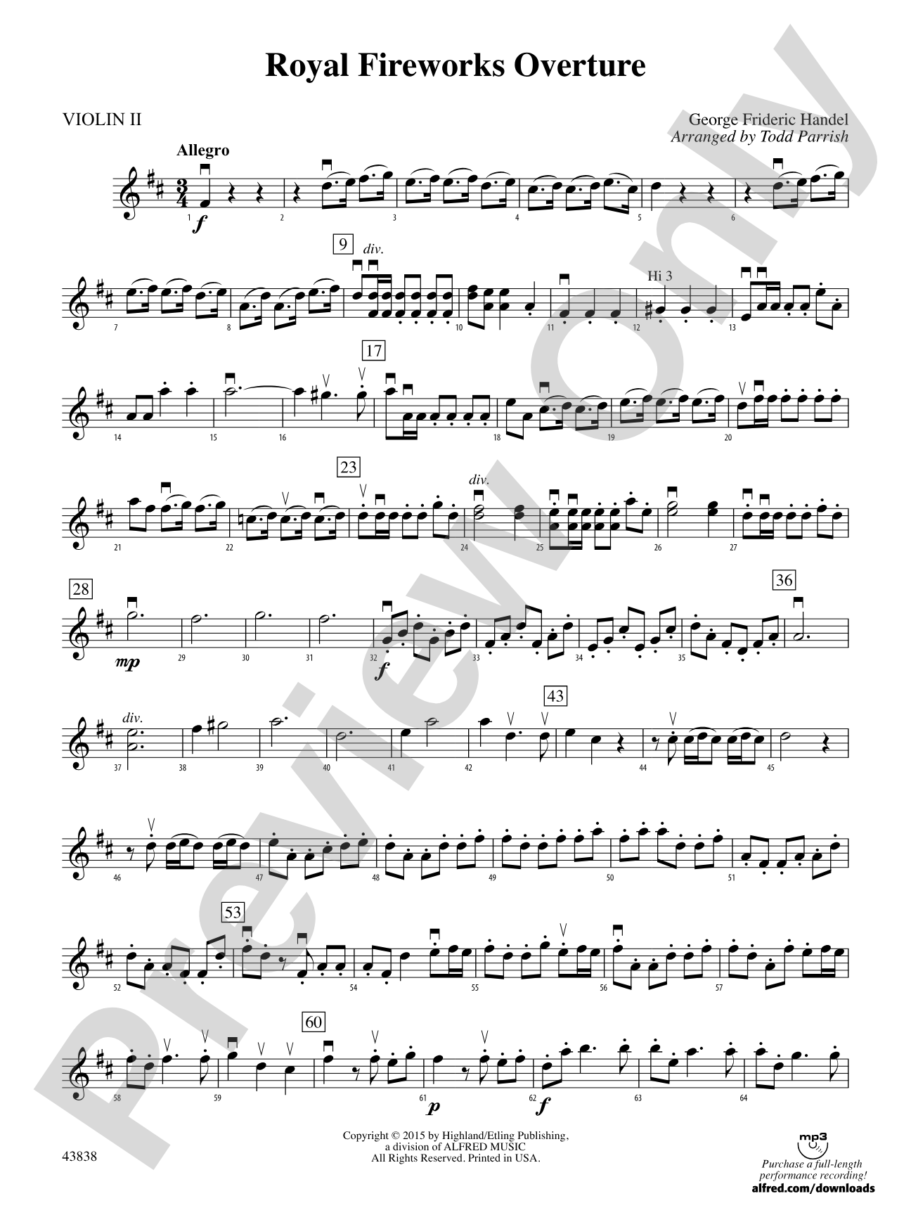 Royal Fireworks Overture: 2nd Violin