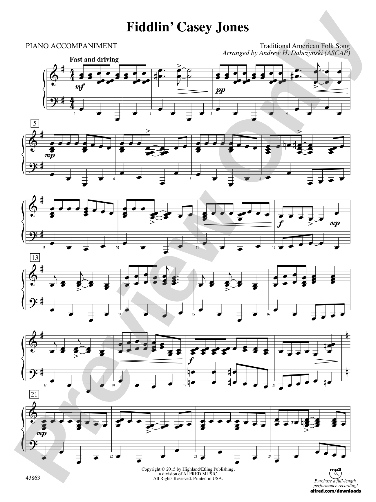 Fiddlin' Casey Jones: Piano Accompaniment