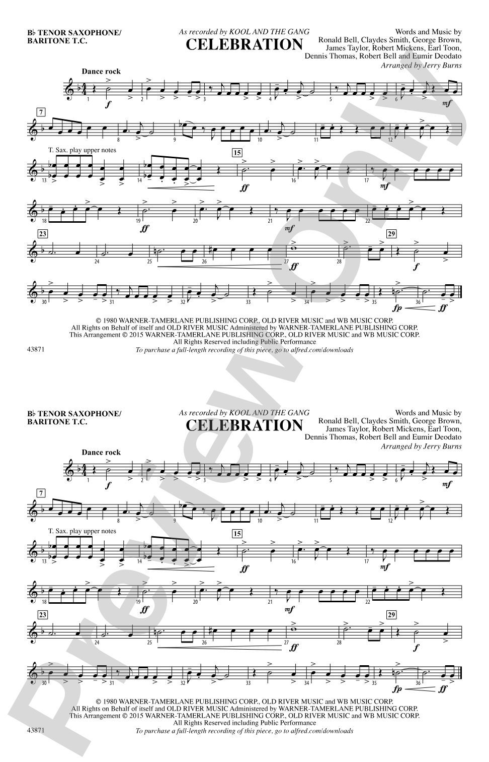 Celebration: Bb Tenor Saxophone/Bartione Treble Clef