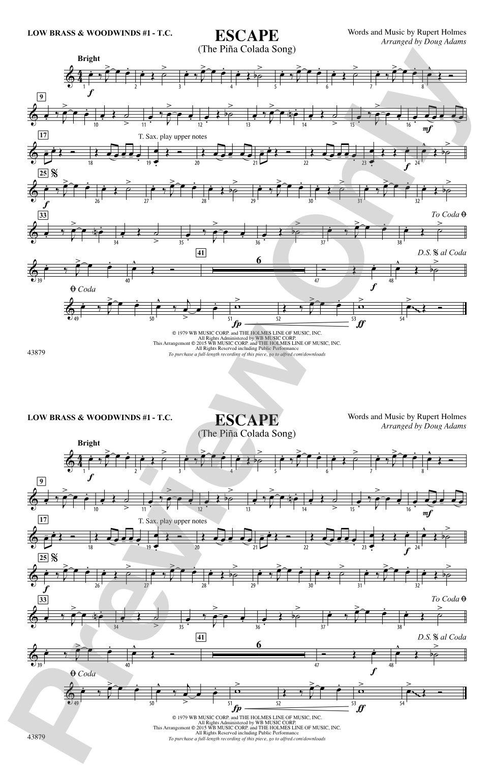 Escape (from Guardians of the Galaxy): Low Brass & Woodwinds #1 - Treble Clef