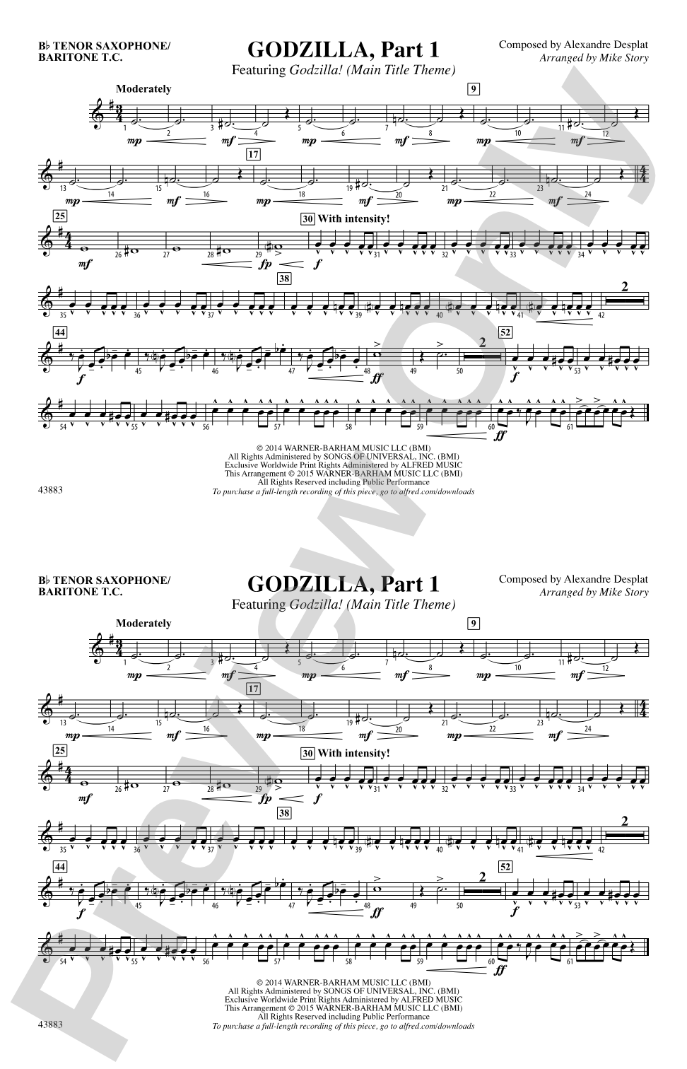 Godzilla, Part 1: Bb Tenor Saxophone/Bartione Treble Clef