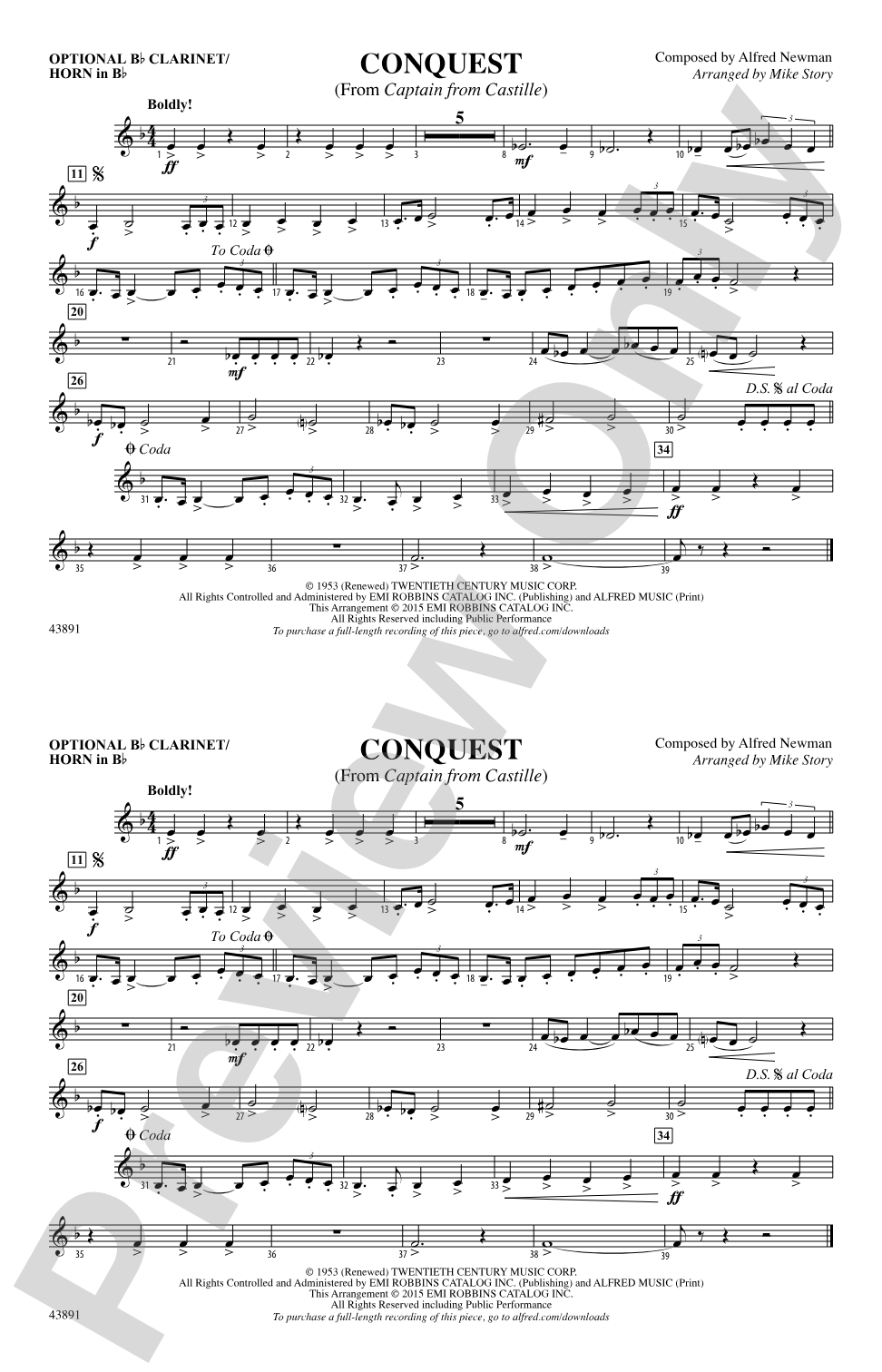 Conquest (from Captain from Castille): Optional Bb Clarinet/Horn in Bb