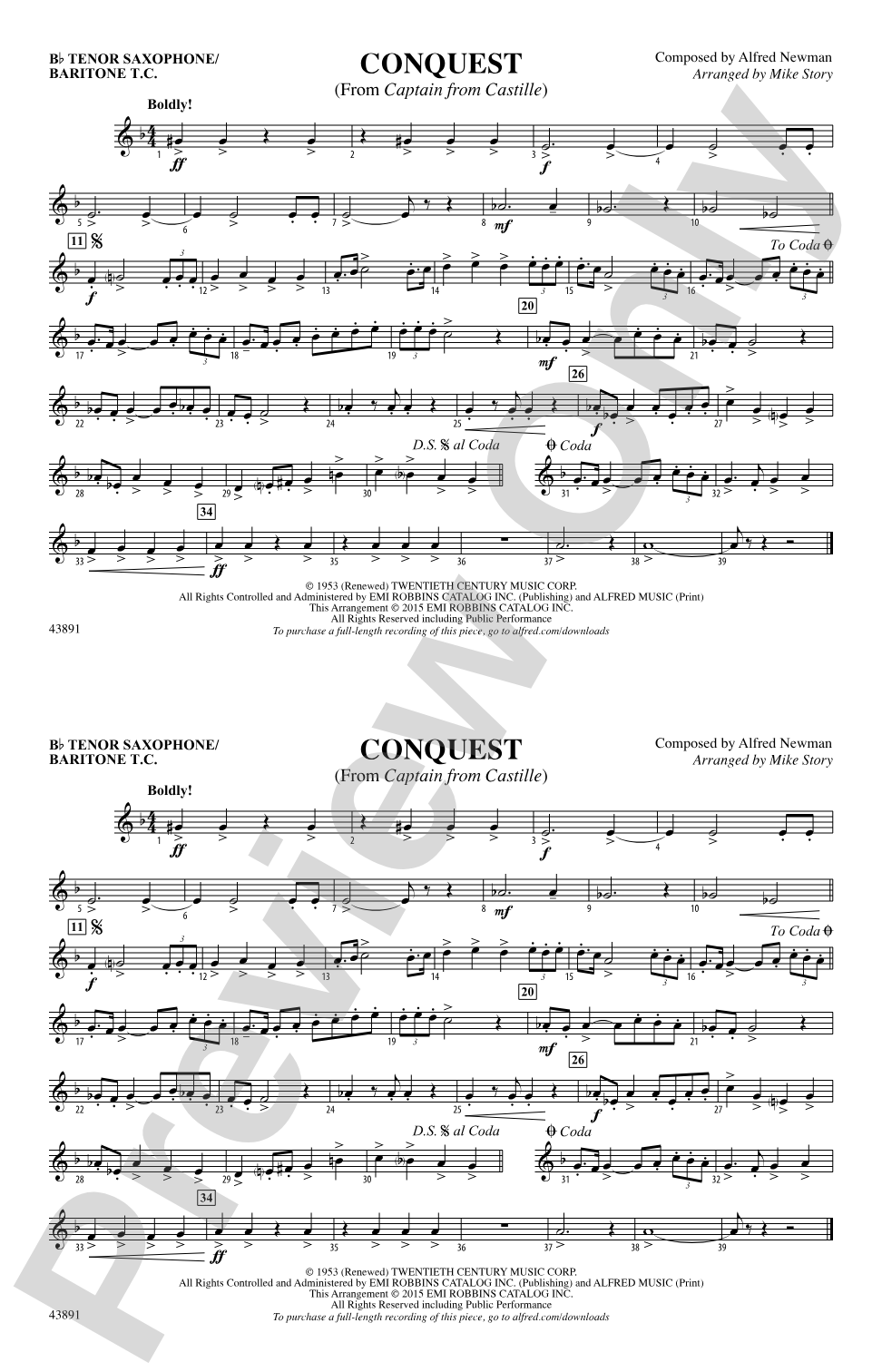 Conquest (from Captain from Castille): Bb Tenor Saxophone/Bartione Treble Clef