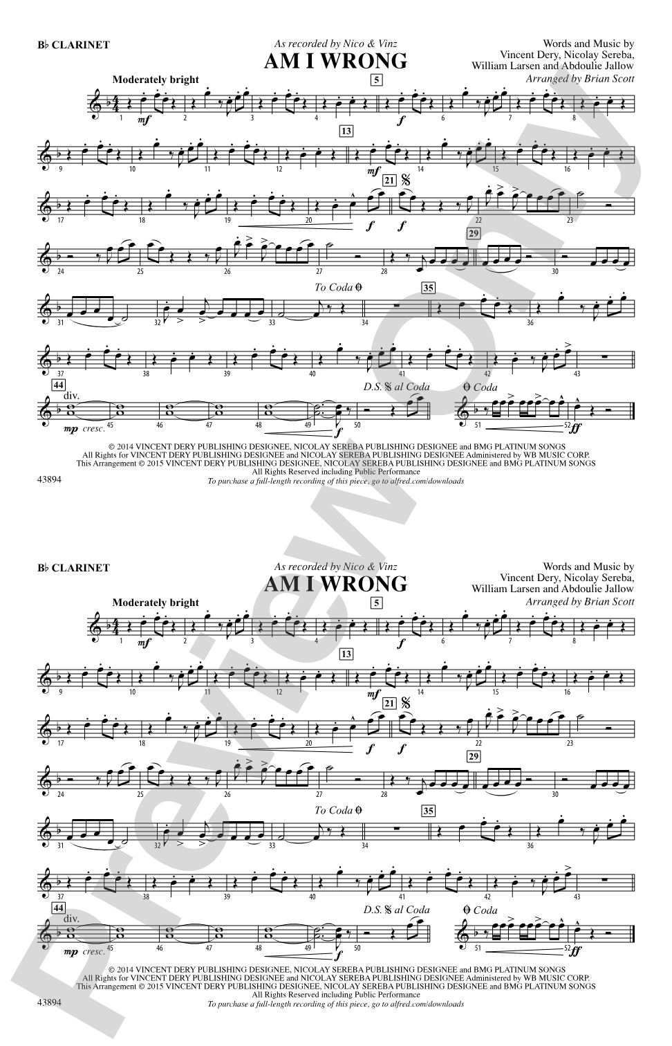 Am I Wrong: 1st B-flat Clarinet