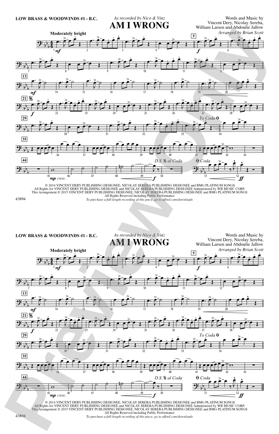 Am I Wrong: Low Brass & Woodwinds #1 - Bass Clef