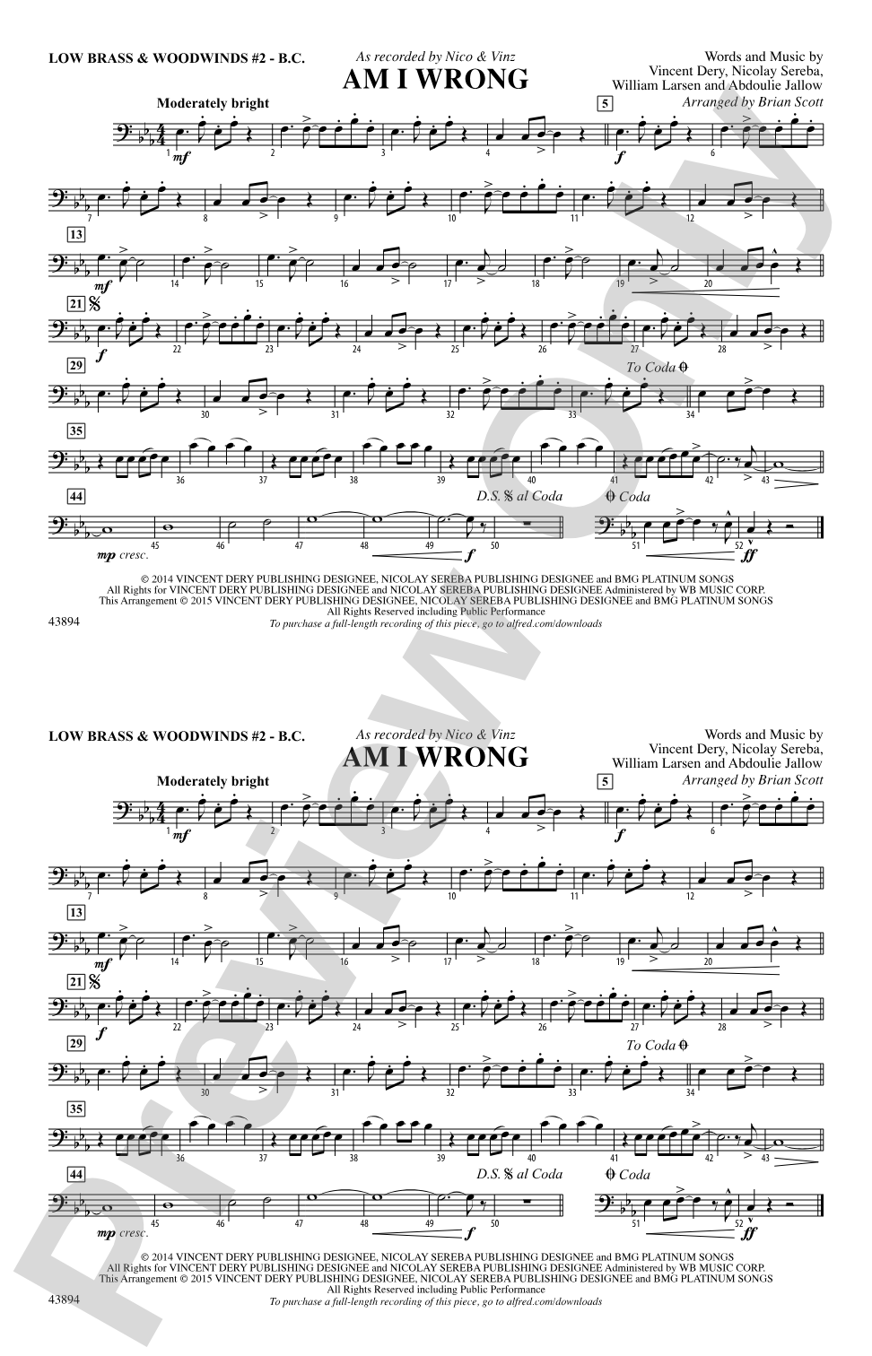 Am I Wrong: Low Brass & Woodwinds #2 - Bass Clef