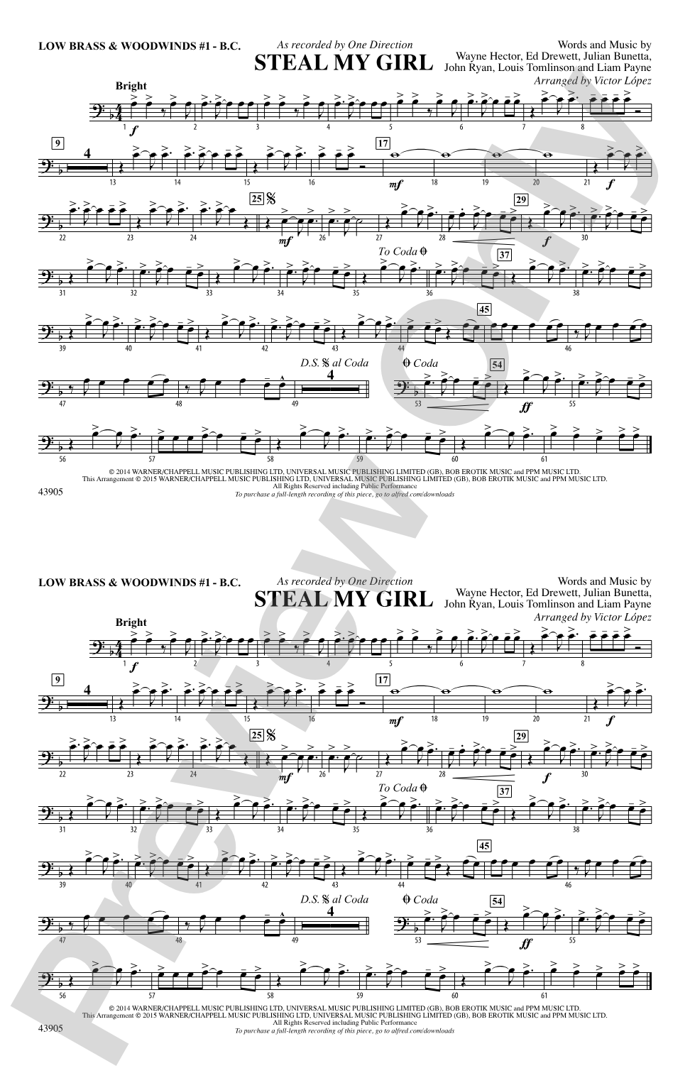 Steal My Girl: Low Brass & Woodwinds #1 - Bass Clef