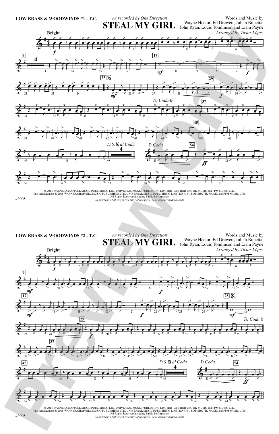 Steal My Girl: Low Brass & Woodwinds #1 - Treble Clef