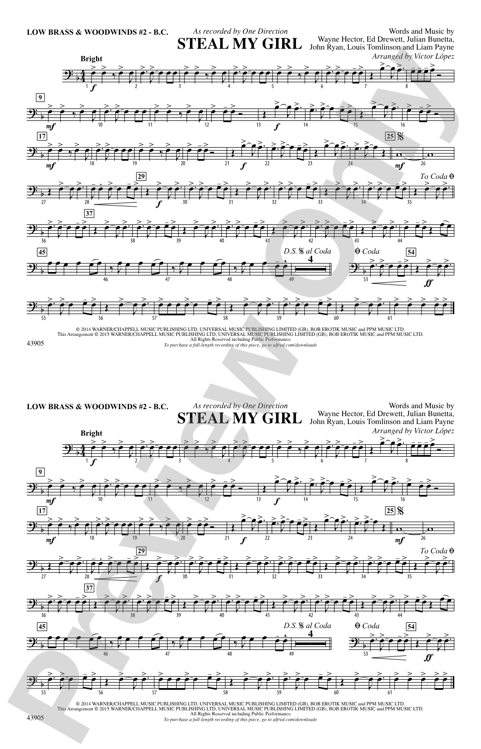 Steal My Girl: Low Brass & Woodwinds #2 - Bass Clef