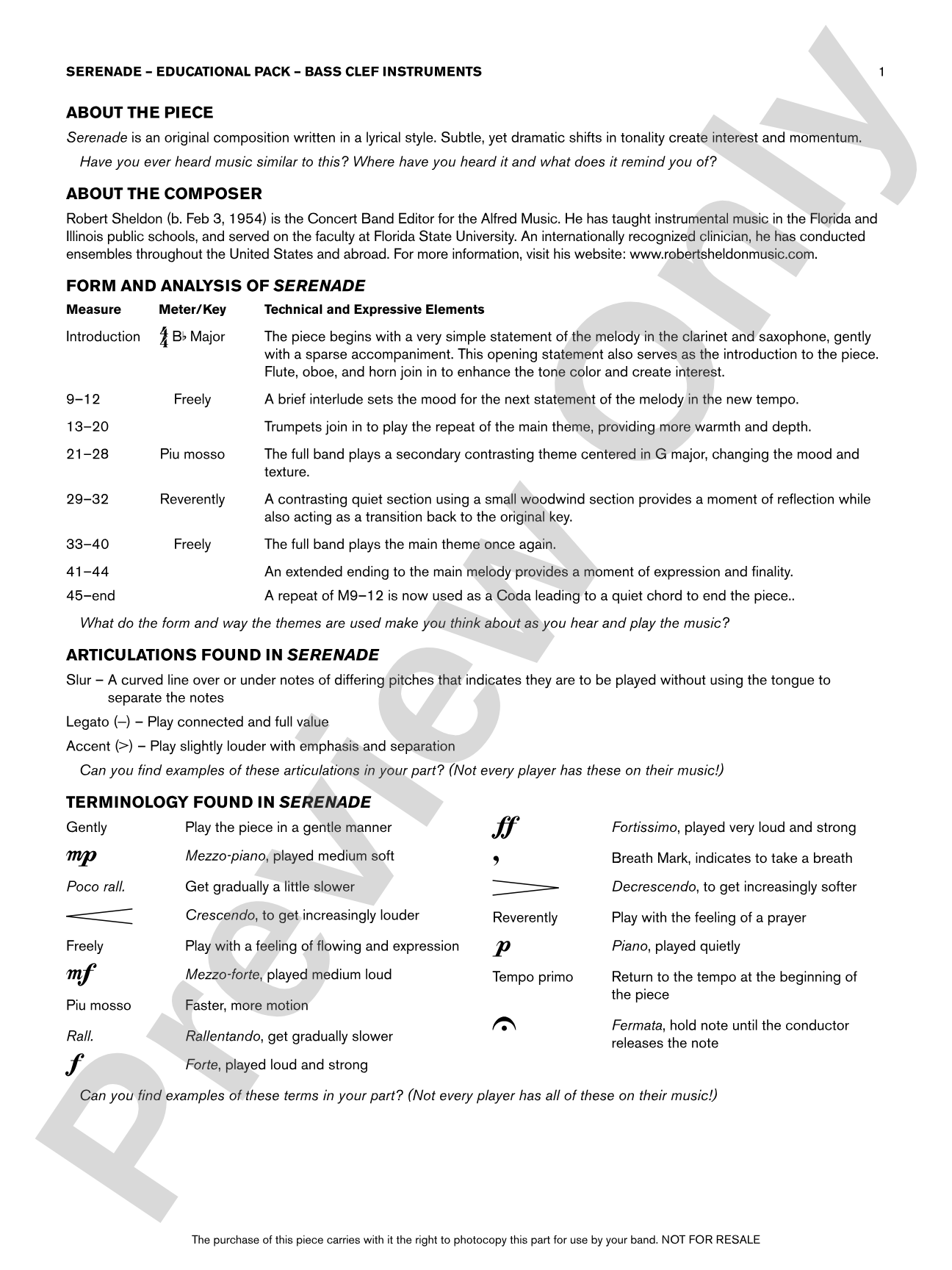 Serenade: Bass Clef Educational Pack