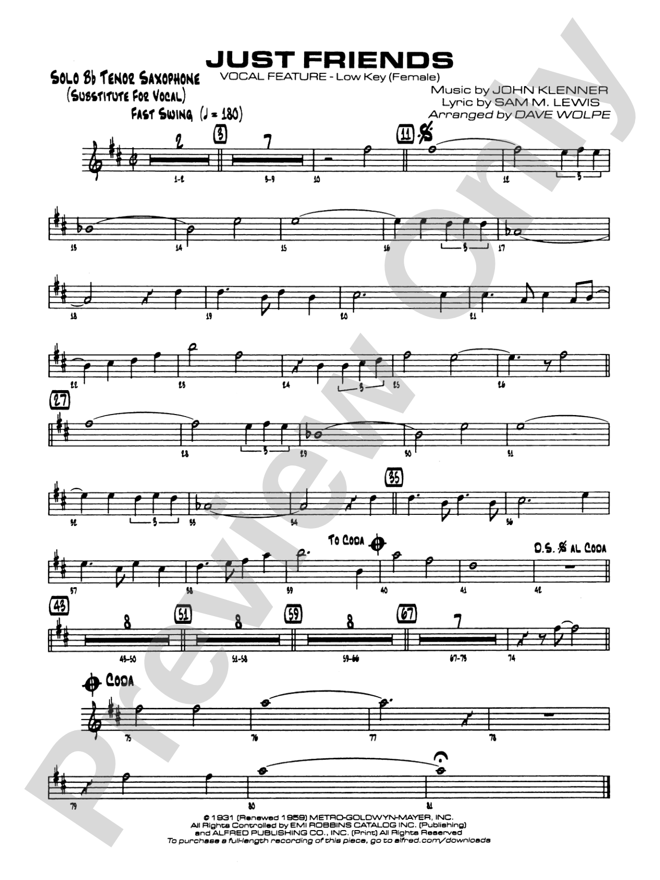 Just Friends: Solo Bb Part (Substitute for Vocal)