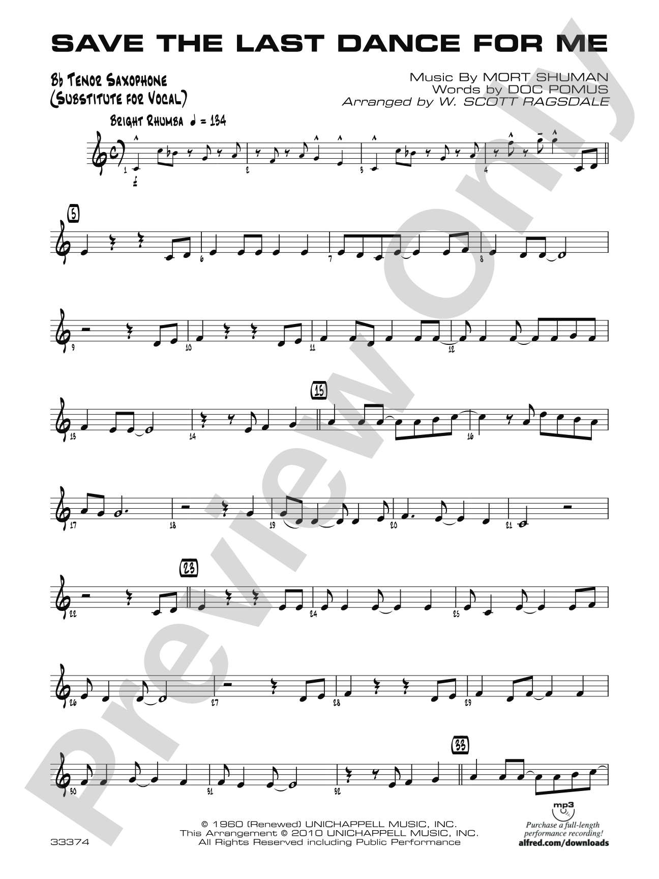 Save the Last Dance for Me: Solo Bb Part (Substitute for Vocal)