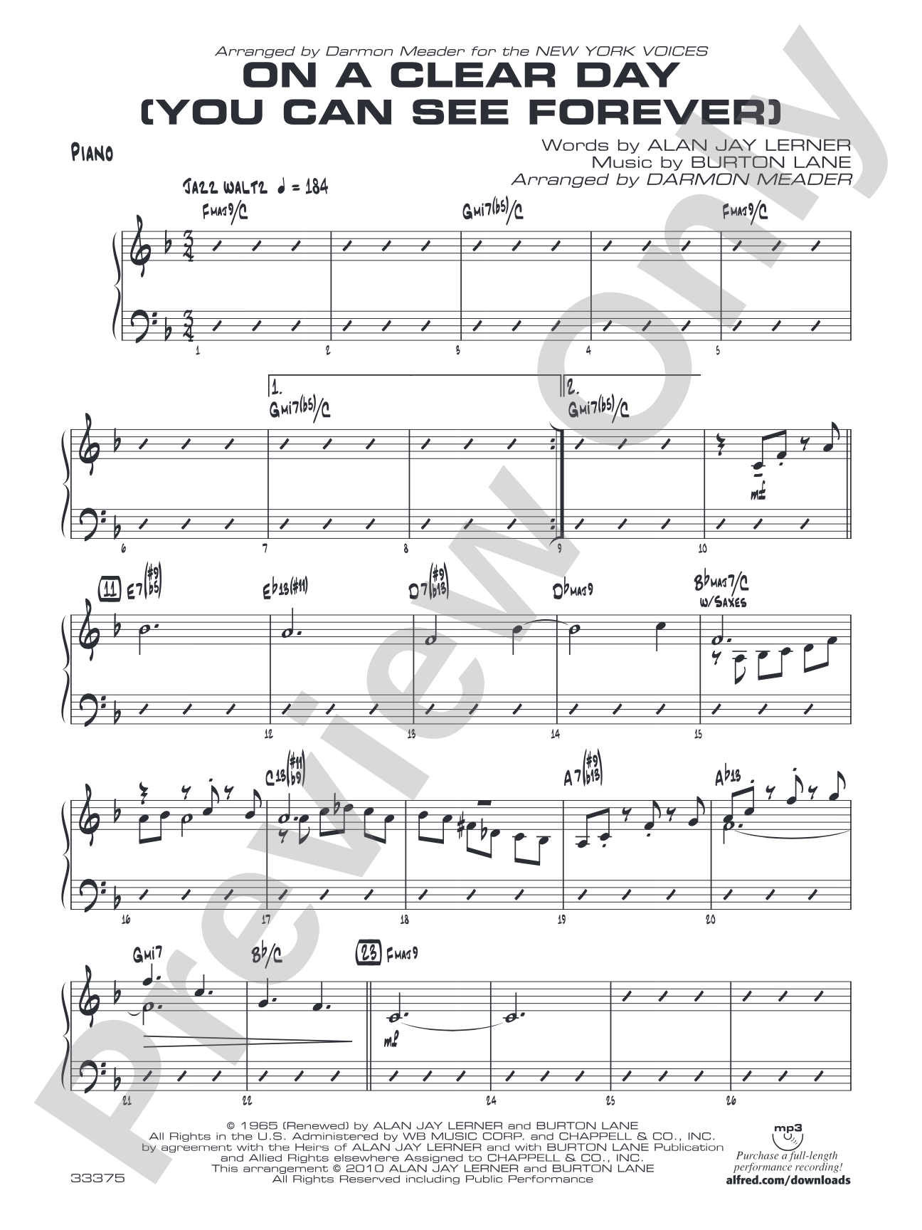 On a Clear Day (You Can See Forever): Piano Accompaniment