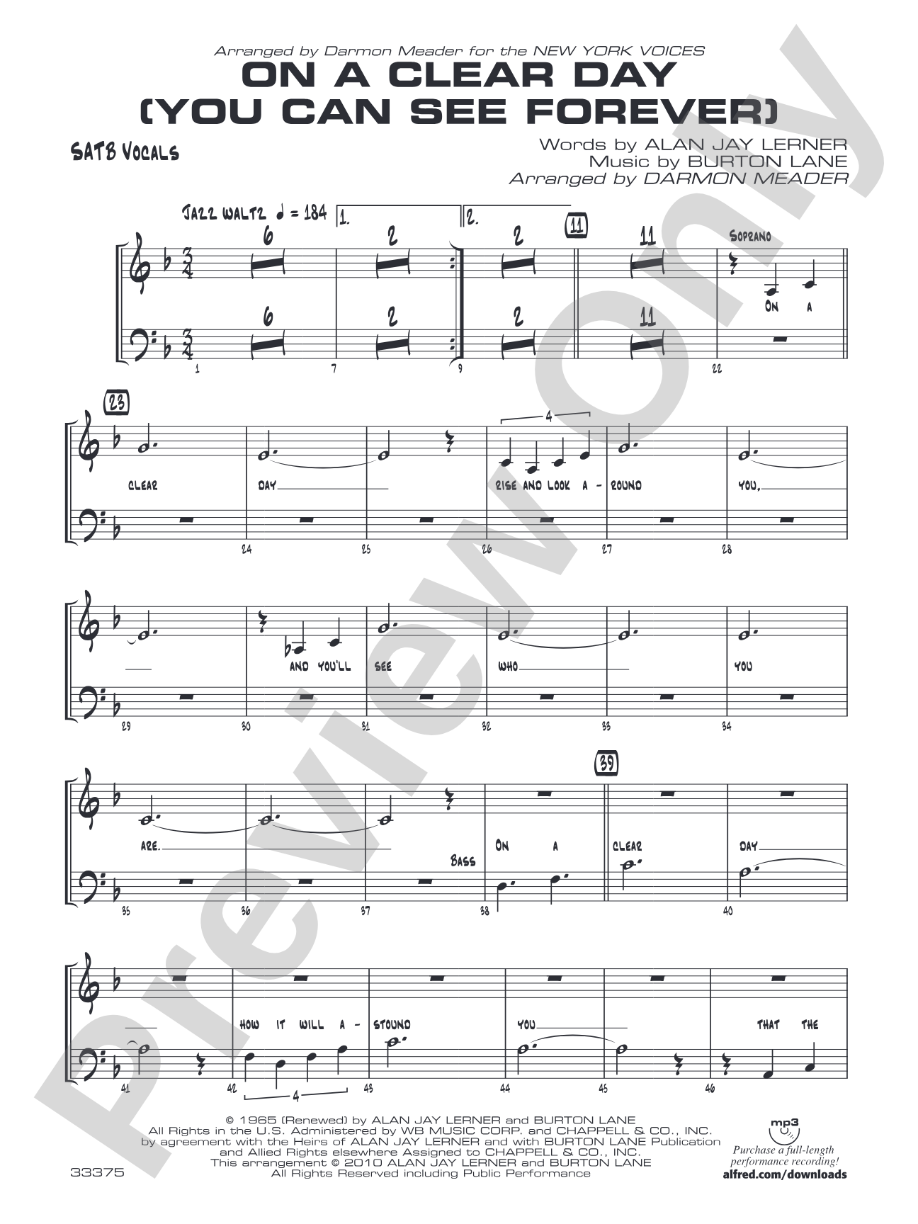 On a Clear Day (You Can See Forever): SATB Vocals