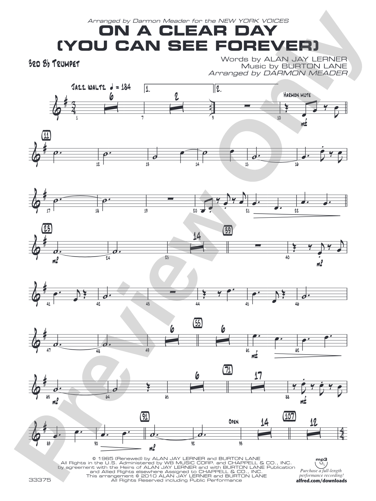 On a Clear Day (You Can See Forever): 3rd B-flat Trumpet