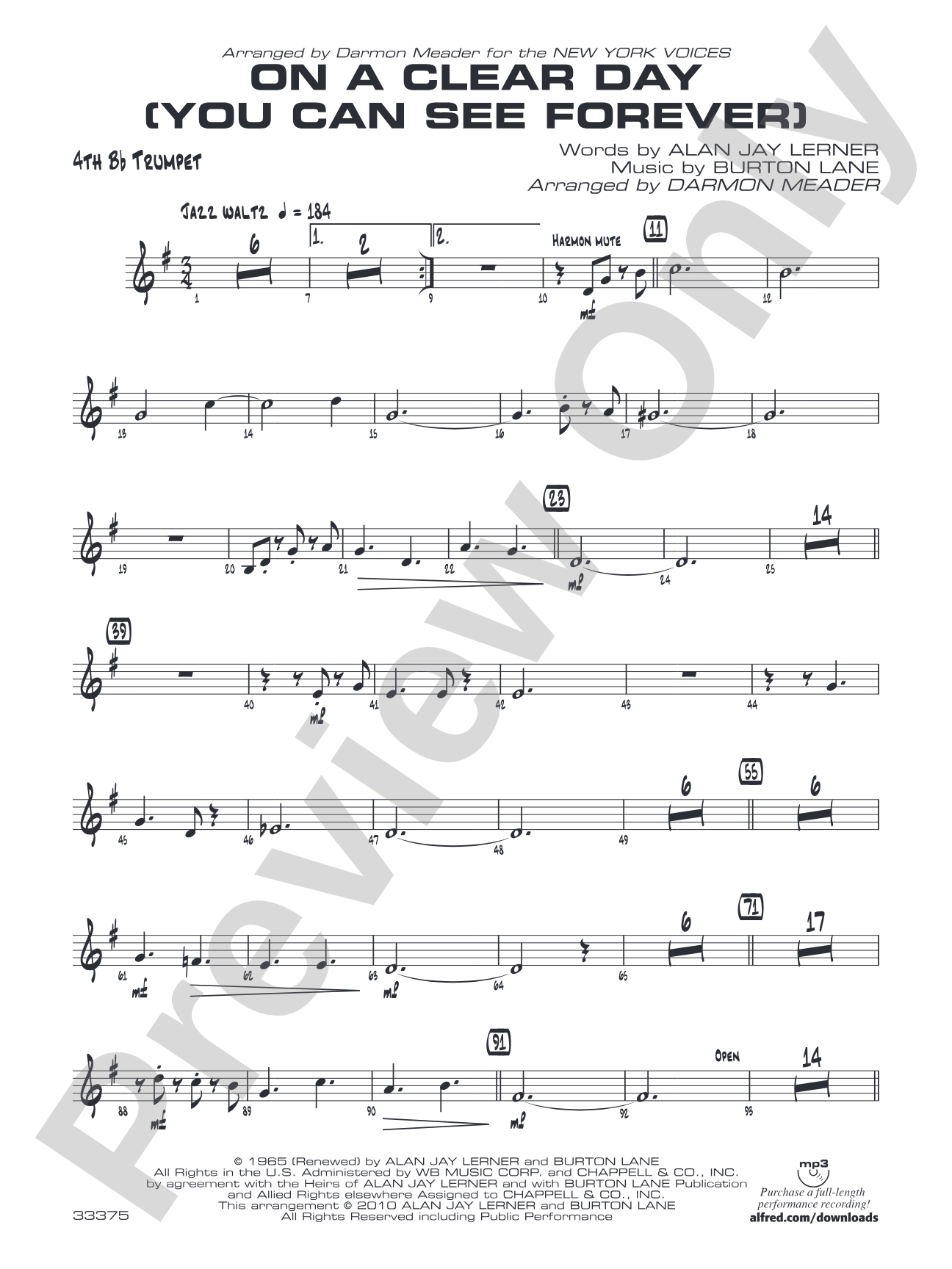 On a Clear Day (You Can See Forever): 4th B-flat Trumpet