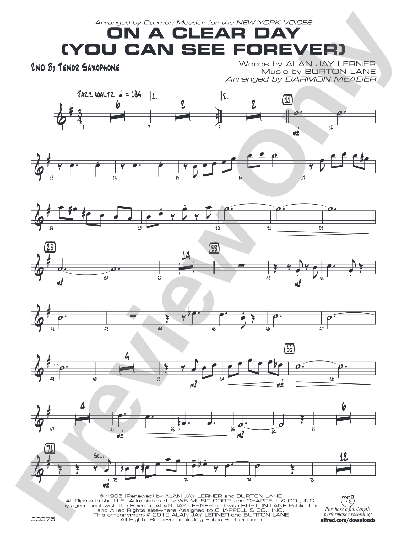 On a Clear Day (You Can See Forever): 2nd B-flat Tenor Saxophone