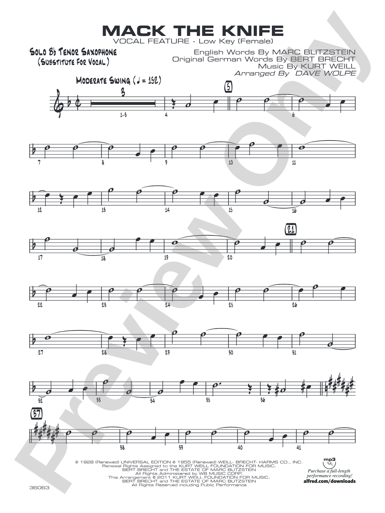 Mack the Knife: Solo Bb Part (Substitute for Vocal)