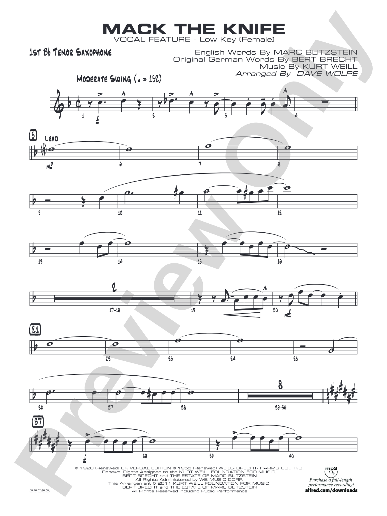 Mack the Knife: B-flat Tenor Saxophone