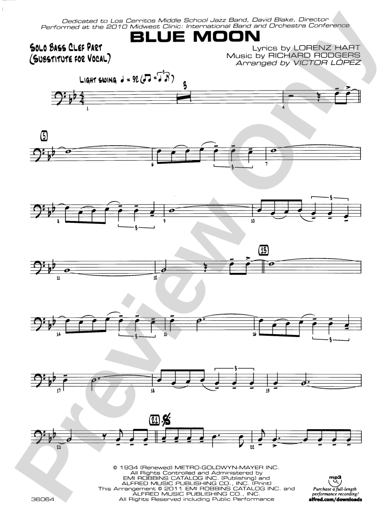 Blue Moon: Solo Bass Clef Part (Substitute for Vocal)