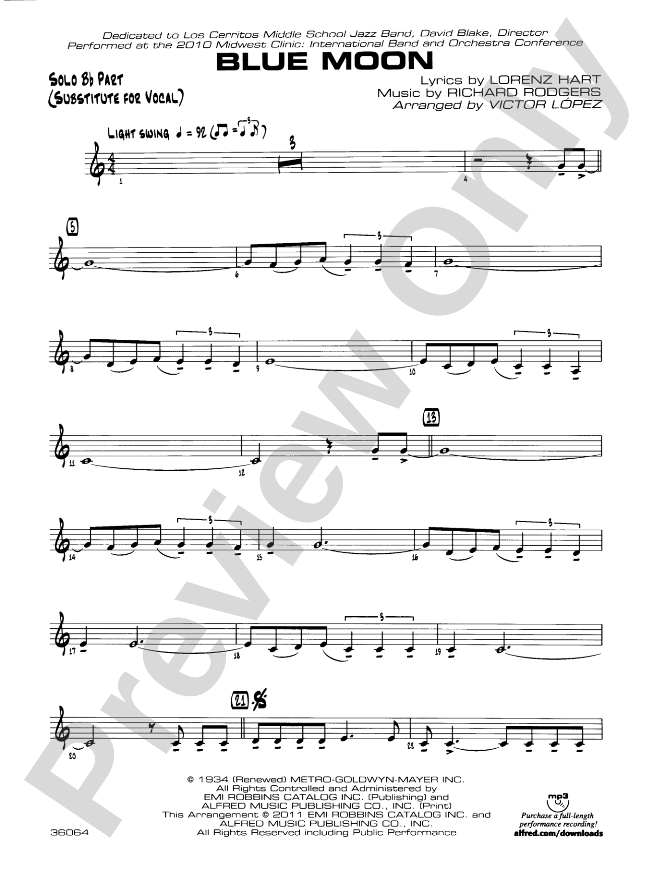 Blue Moon: Solo Bb Part (Substitute for Vocal)