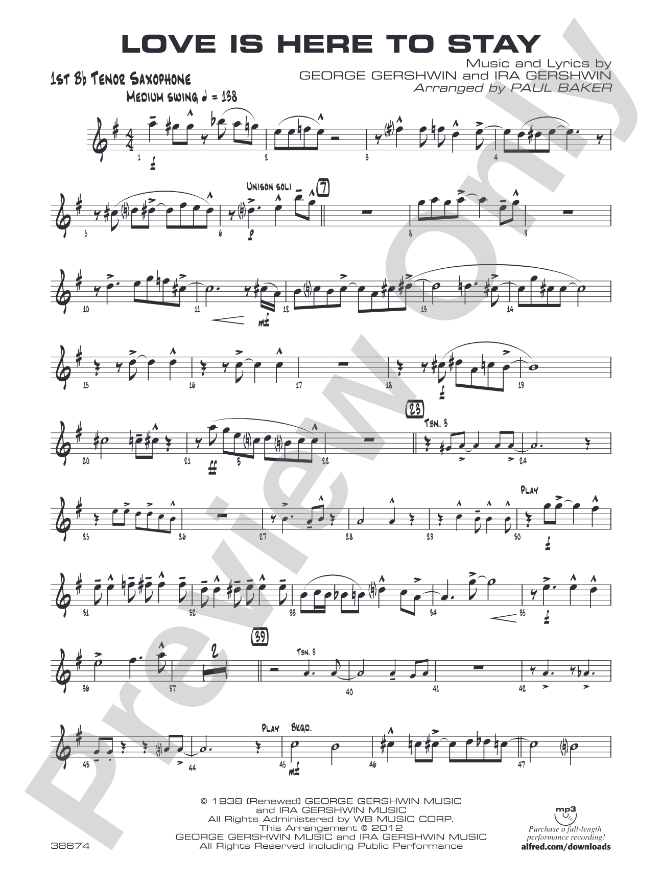 Love Is Here to Stay: B-flat Tenor Saxophone
