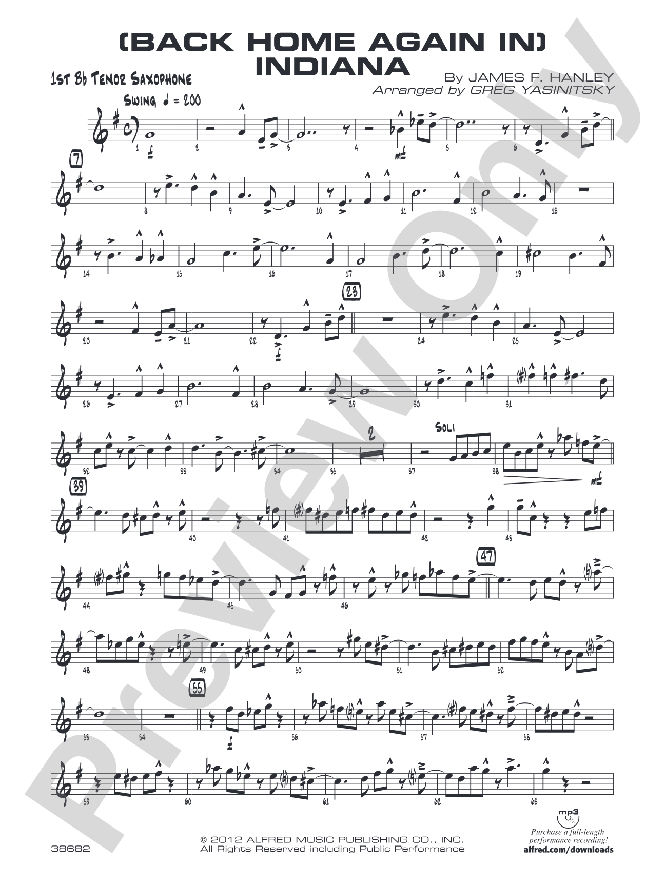 (Back Home Again In) Indiana: B-flat Tenor Saxophone