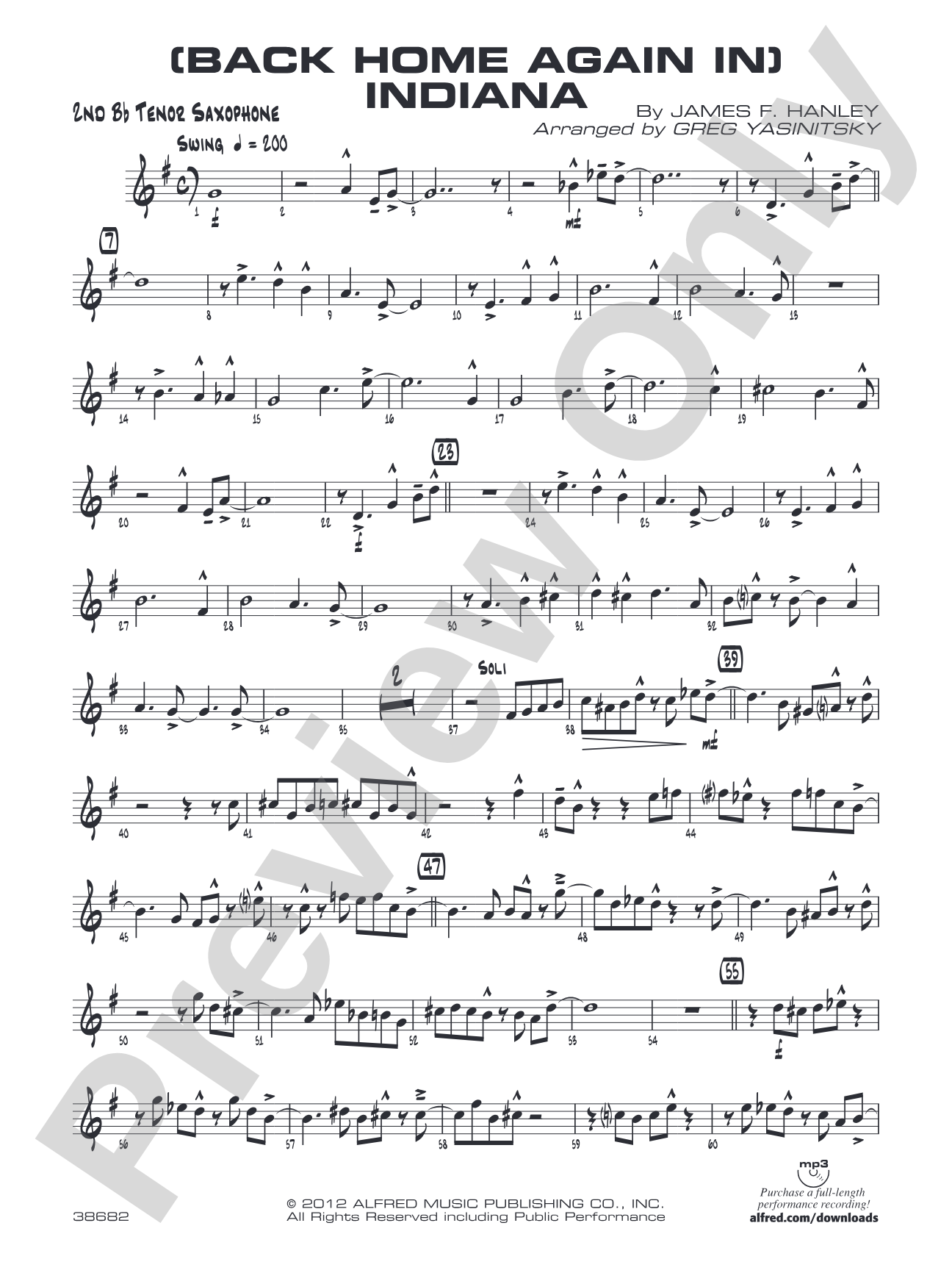 (Back Home Again In) Indiana: 2nd B-flat Tenor Saxophone