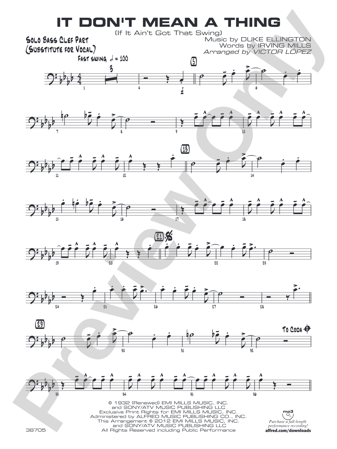 It Don't Mean a Thing (If It Ain't Got That Swing): Solo Bass Clef Part (Substitute for Vocal)