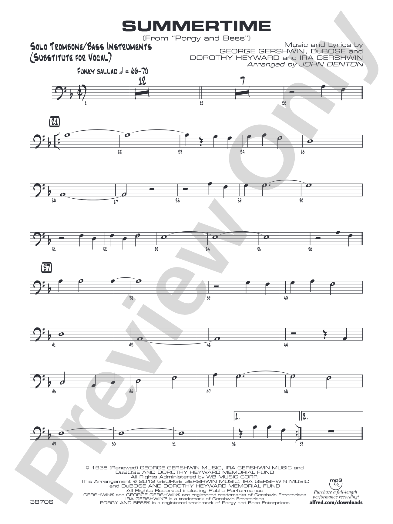 Summertime: Solo Bass Clef Part (Substitute for Vocal)