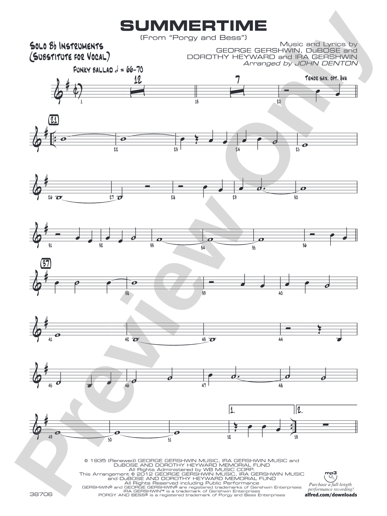 Summertime: Solo Bb Part (Substitute for Vocal)