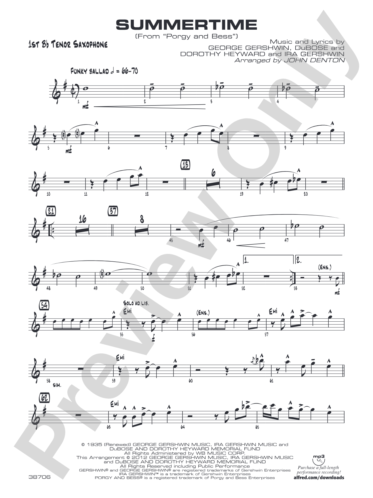 Summertime: B-flat Tenor Saxophone