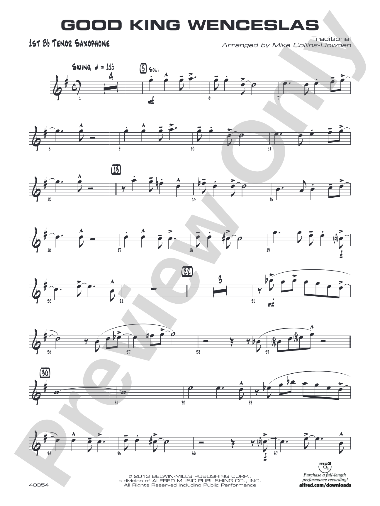 Good King Wenceslas: B-flat Tenor Saxophone