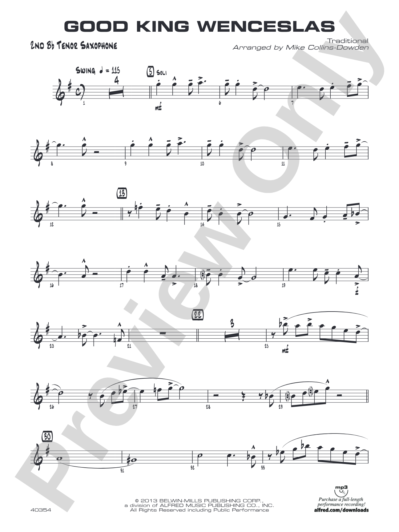 Good King Wenceslas: 2nd B-flat Tenor Saxophone