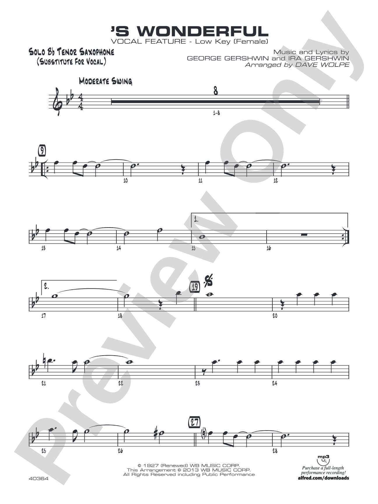 'S Wonderful: Solo Bb Part (Substitute for Vocal)