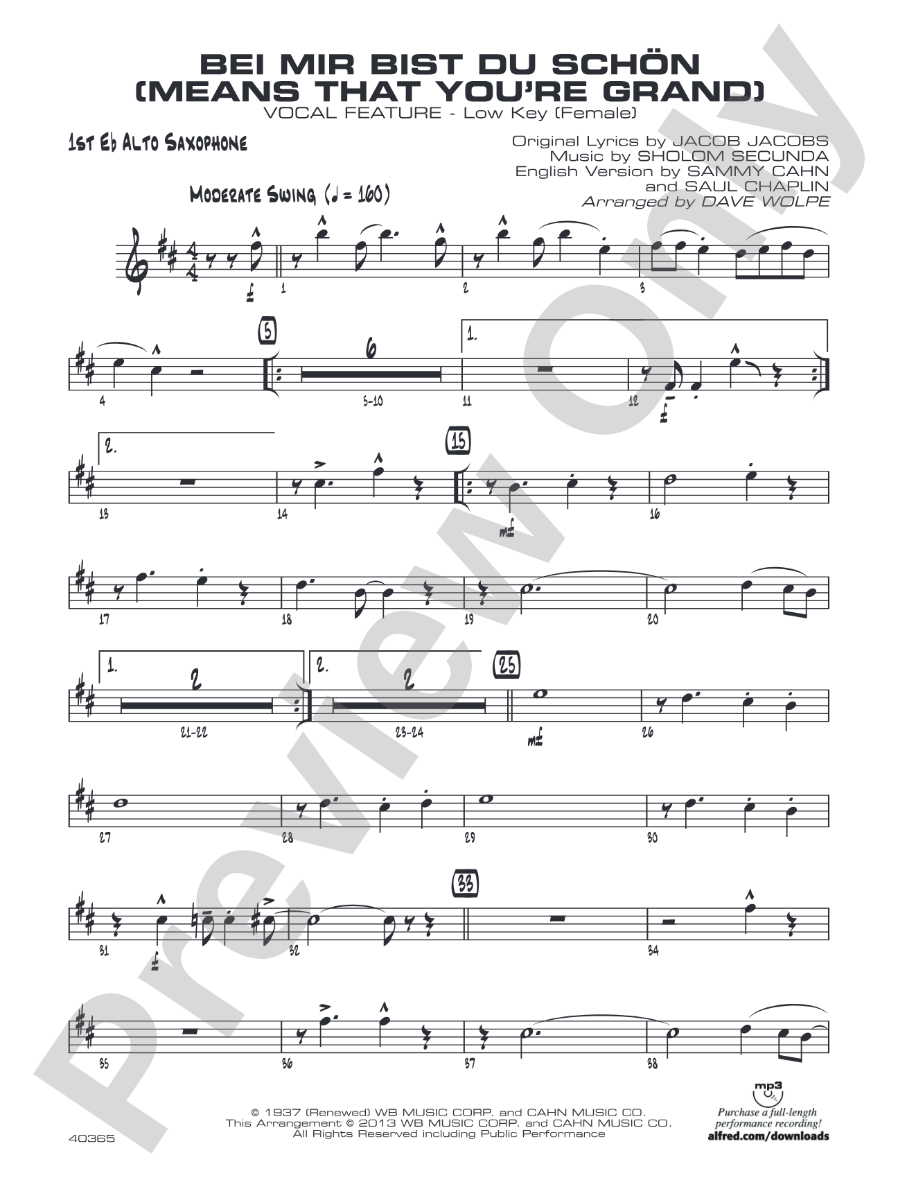 Bei Mir Bist Du Schon (Means That You're Grand): E-flat Alto Saxophone