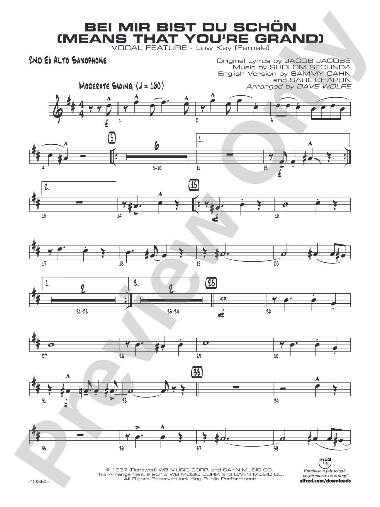 Bei Mir Bist Du Schon (Means That You're Grand): 2nd E-flat Alto Saxophone