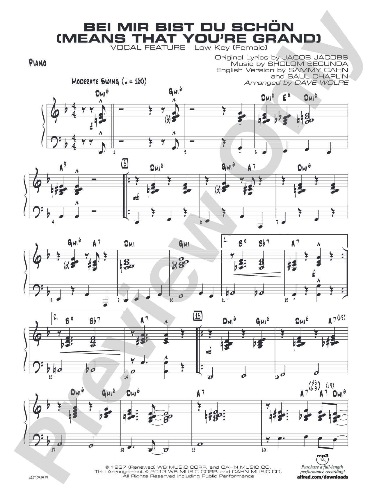 Bei Mir Bist Du Schon (Means That You're Grand): Piano Accompaniment