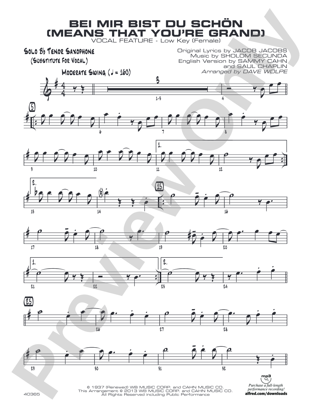 Bei Mir Bist Du Schon (Means That You're Grand): Solo Bb Part (Substitute for Vocal)